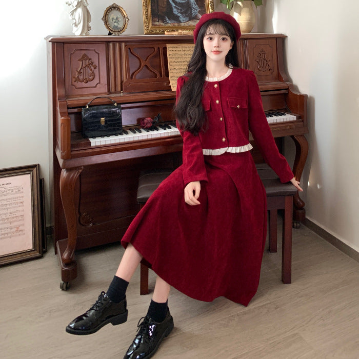 Small Corduroy Skirt Two-piece Set For Women
