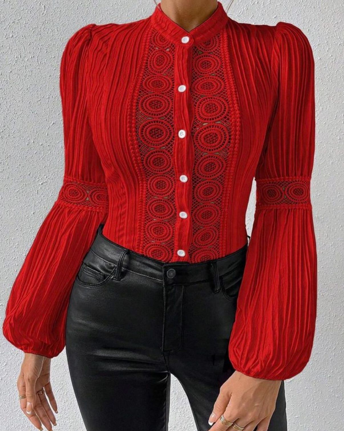 Women's Solid-Color Stand-Collar Shirt With Lace Panels Puff Sleeves