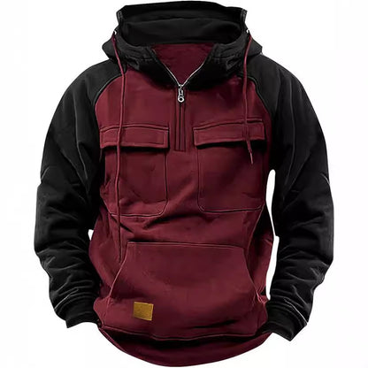 Fall Winter Retro Cargo Hoodies Men's Half Zipper