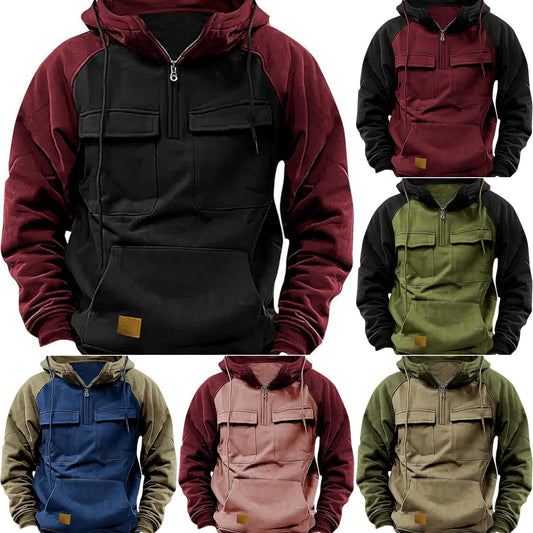 Fall Winter Retro Cargo Hoodies Men's Half Zipper
