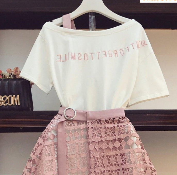 Oulder Long T Shirt & Hollow Out Lace Skirt Suits Skirts