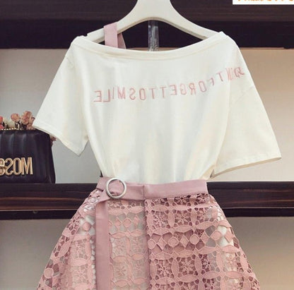 Oulder Long T Shirt & Hollow Out Lace Skirt Suits Skirts