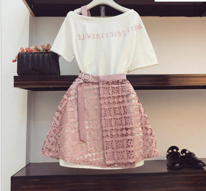 Oulder Long T Shirt & Hollow Out Lace Skirt Suits Skirts