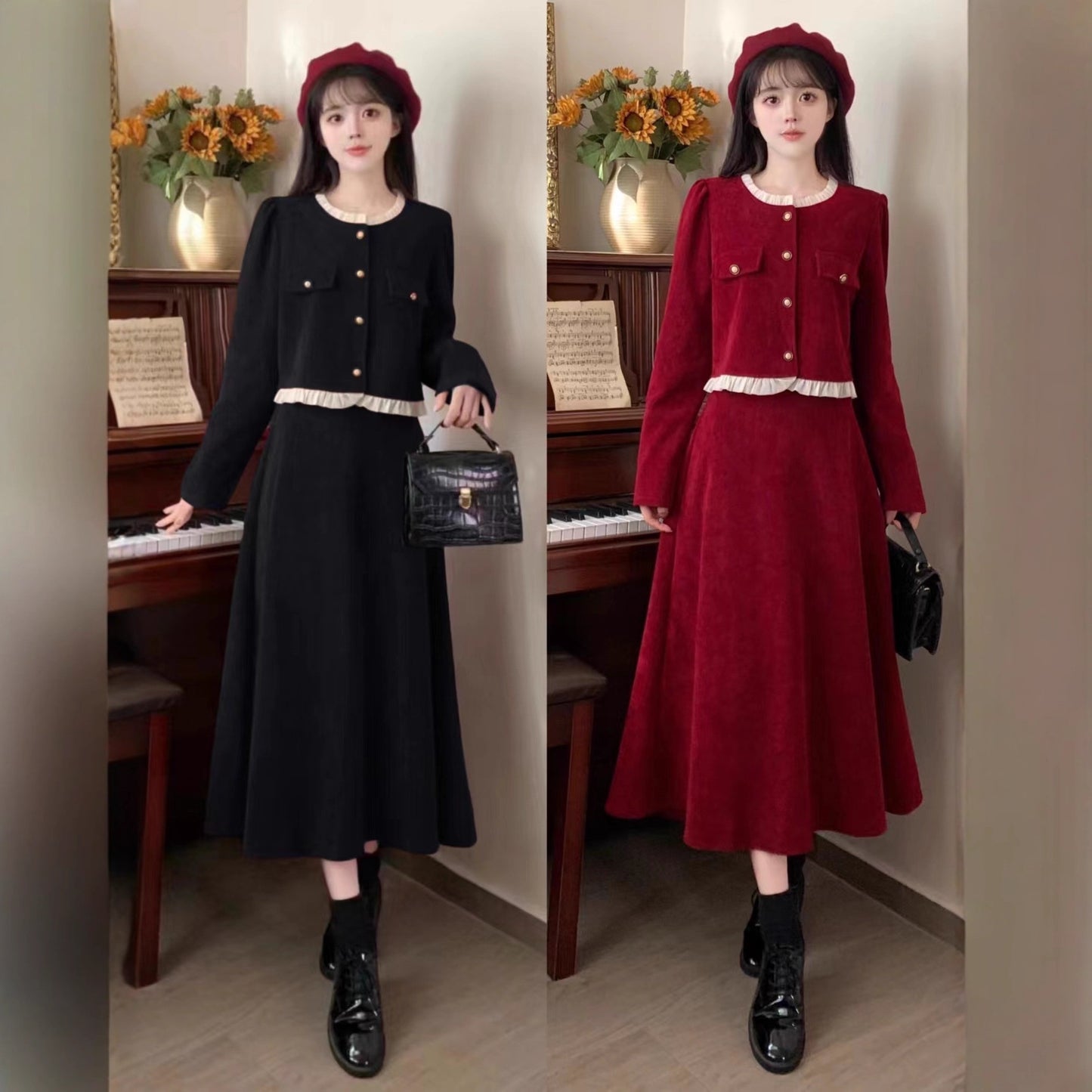 Small Corduroy Skirt Two-piece Set For Women