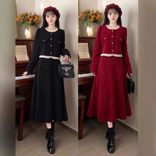 Small Corduroy Skirt Two-piece Set For Women