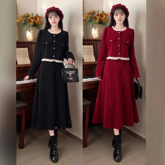 Small Corduroy Skirt Two-piece Set For Women
