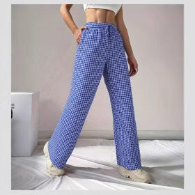 Women's Loose-fit Plaid Lace-up Casual Trousers