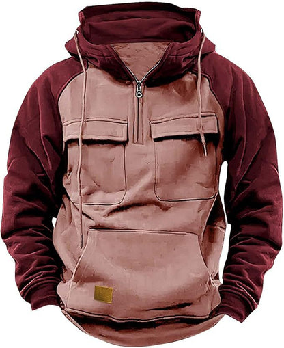 Fall Winter Retro Cargo Hoodies Men's Half Zipper
