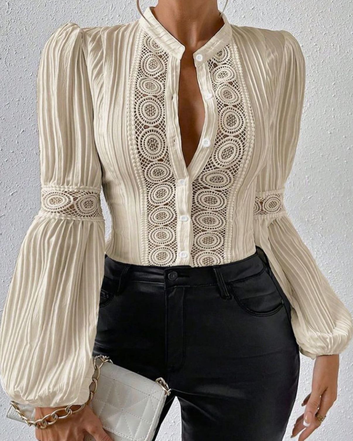 Women's Solid-Color Stand-Collar Shirt With Lace Panels Puff Sleeves