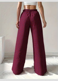 Women's Loose-fit Plaid Lace-up Casual Trousers