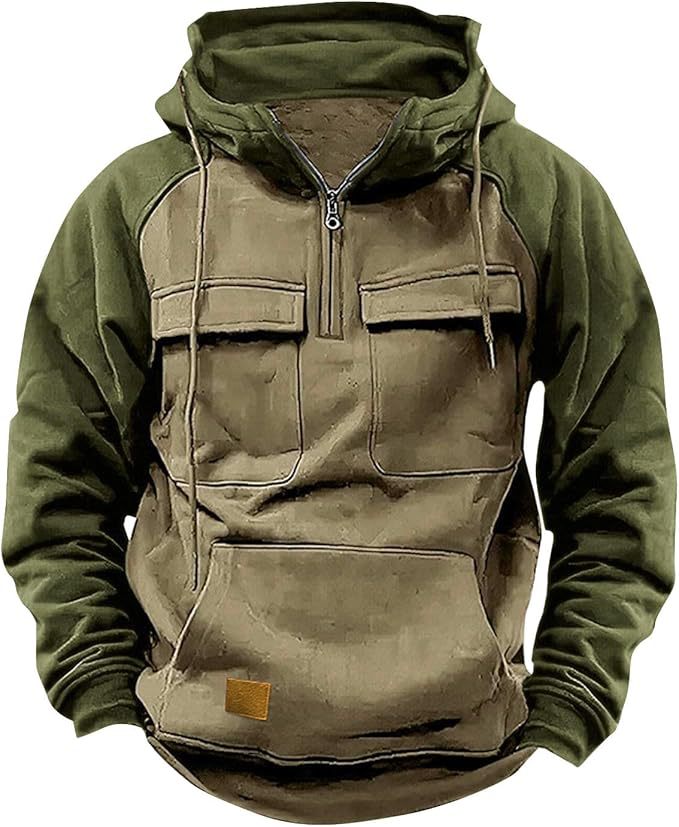 Fall Winter Retro Cargo Hoodies Men's Half Zipper