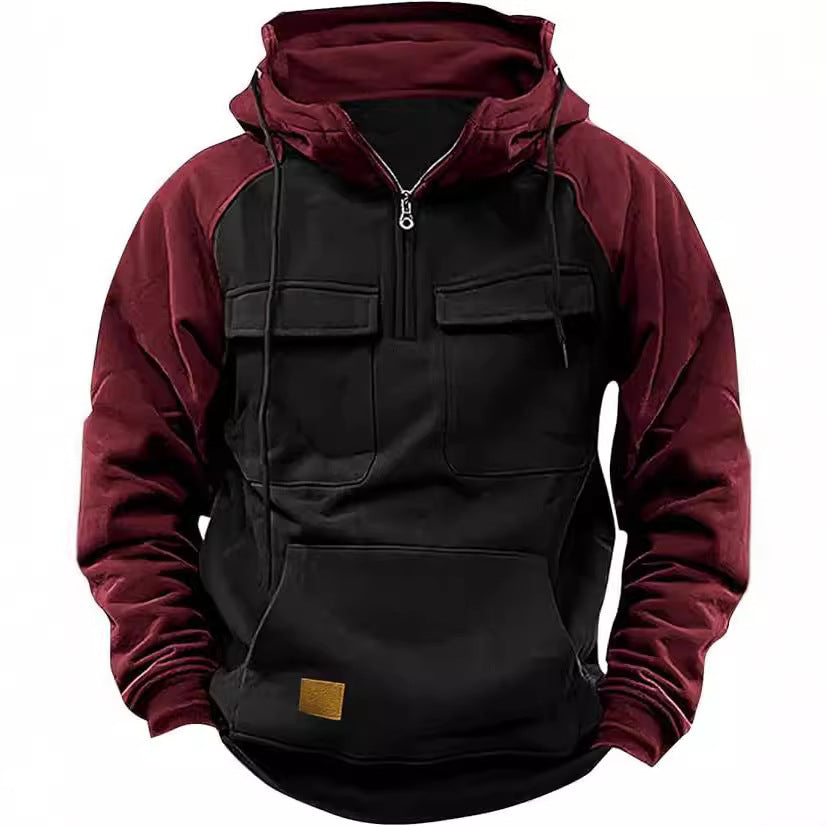 Fall Winter Retro Cargo Hoodies Men's Half Zipper