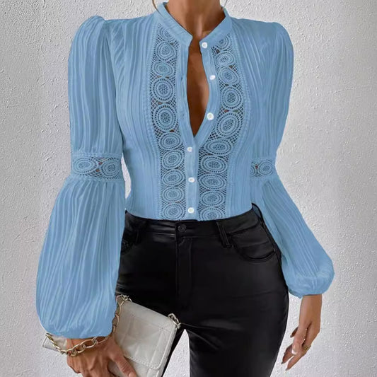 Women's Solid-Color Stand-Collar Shirt With Lace Panels Puff Sleeves