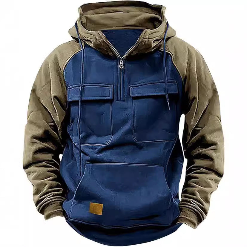 Fall Winter Retro Cargo Hoodies Men's Half Zipper