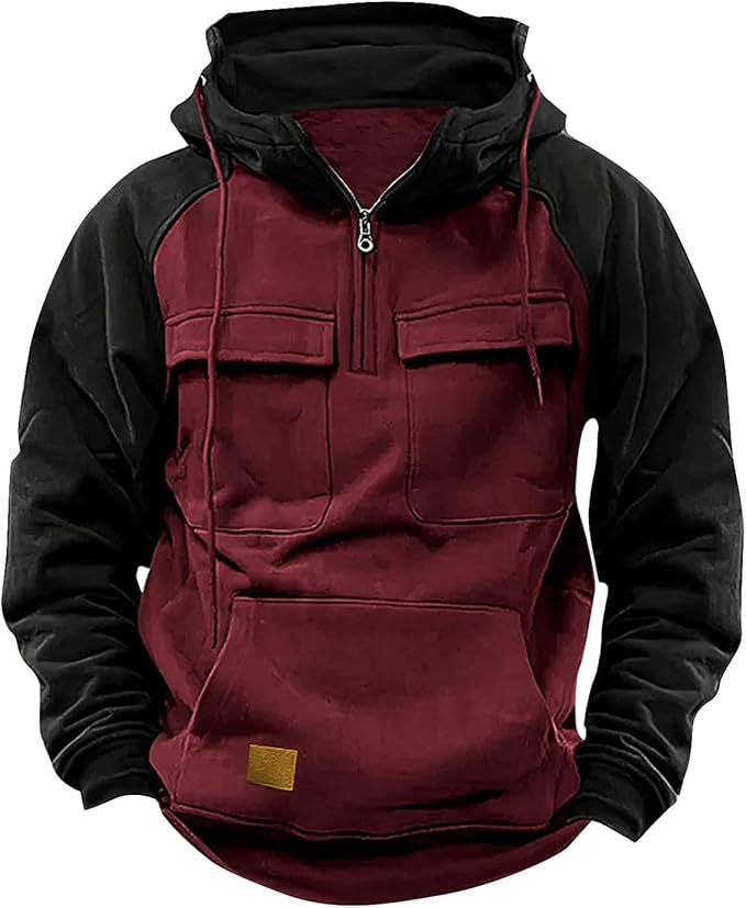 Fall Winter Retro Cargo Hoodies Men's Half Zipper