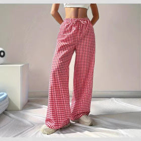Women's Loose-fit Plaid Lace-up Casual Trousers