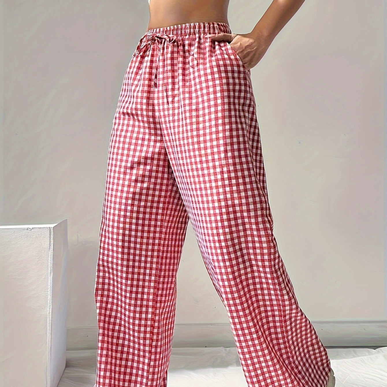 Women's Loose-fit Plaid Lace-up Casual Trousers