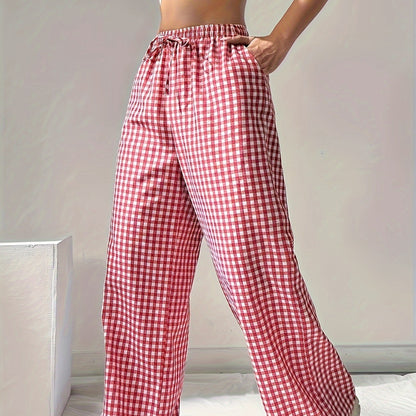 Women's Loose-fit Plaid Lace-up Casual Trousers