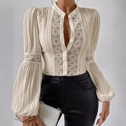 Women's Solid-Color Stand-Collar Shirt With Lace Panels Puff Sleeves