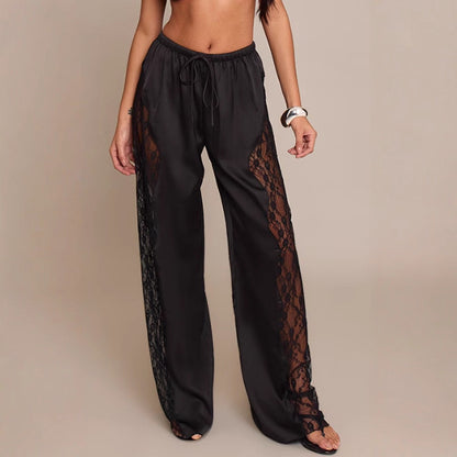 Fashionable Solid Color Sexy Satin Lace Loose Floor Length Pants