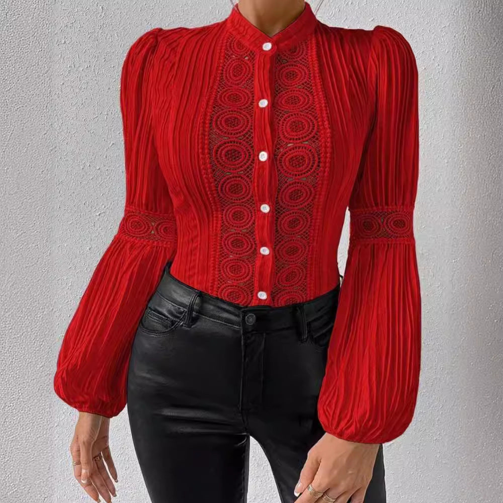 Women's Solid-Color Stand-Collar Shirt With Lace Panels Puff Sleeves