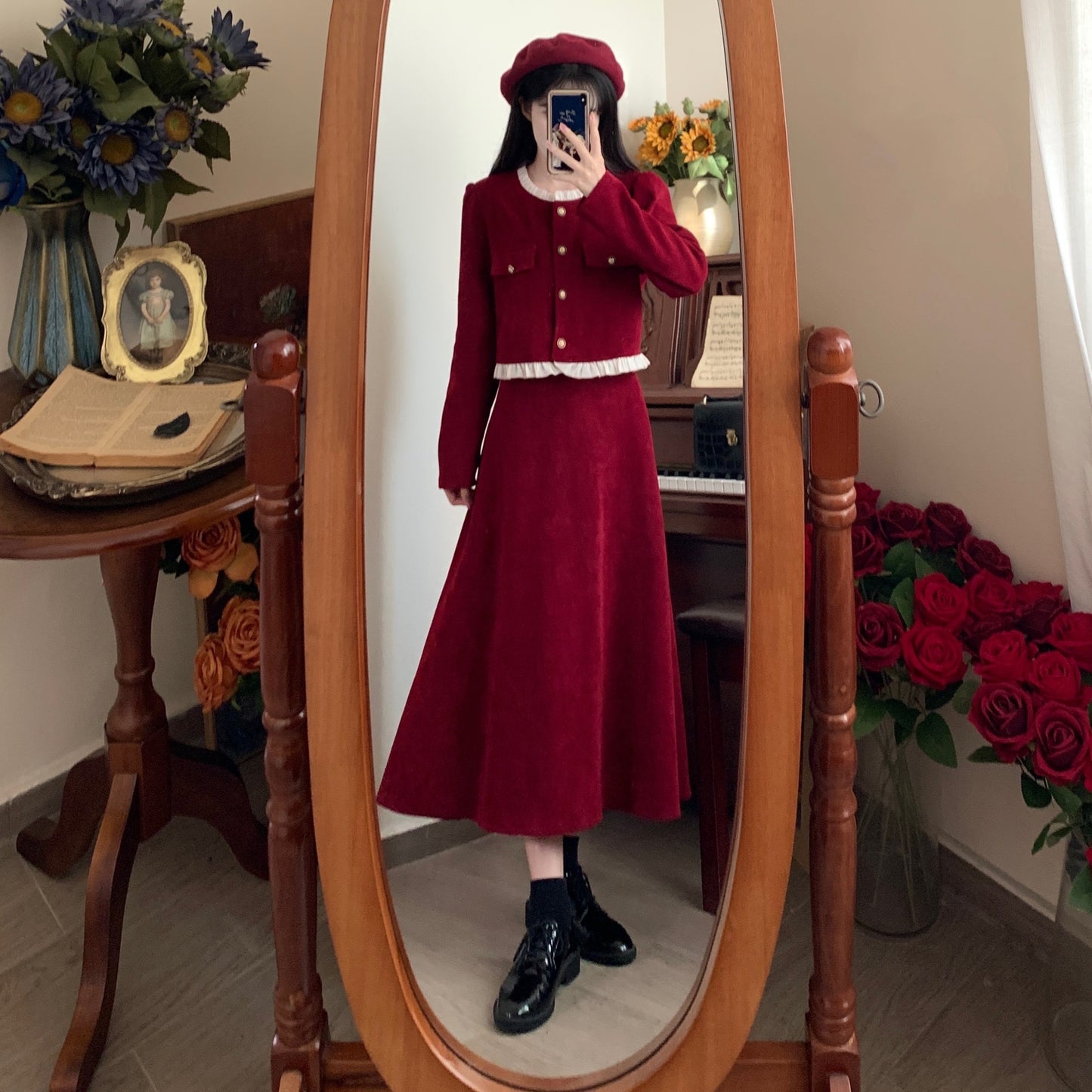 Small Corduroy Skirt Two-piece Set For Women