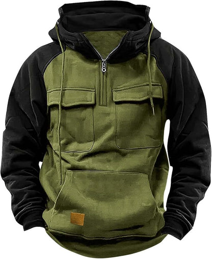 Fall Winter Retro Cargo Hoodies Men's Half Zipper