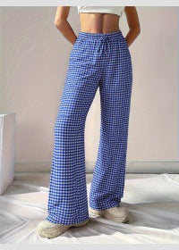 Women's Loose-fit Plaid Lace-up Casual Trousers