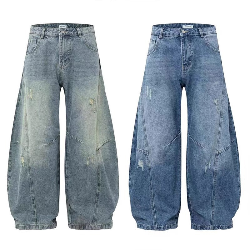 Ripped Denim Jeans Loose Straight-leg Design