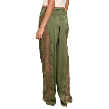 Fashionable Solid Color Sexy Satin Lace Loose Floor Length Pants