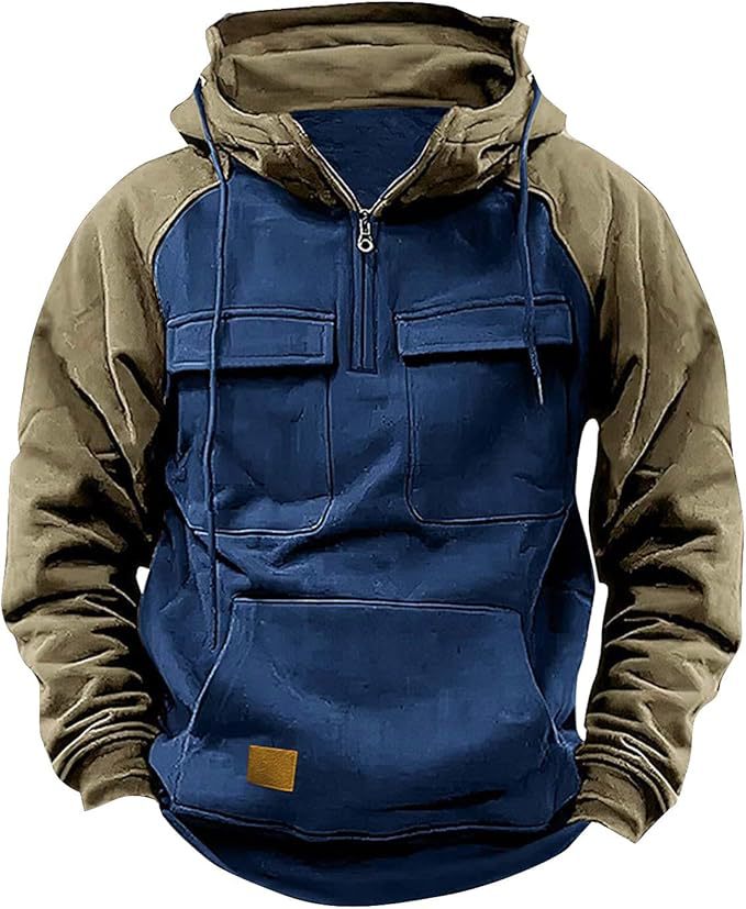 Fall Winter Retro Cargo Hoodies Men's Half Zipper