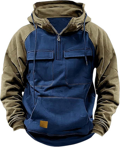 Fall Winter Retro Cargo Hoodies Men's Half Zipper