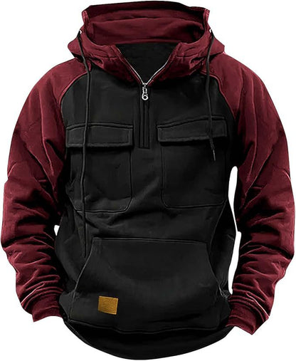 Fall Winter Retro Cargo Hoodies Men's Half Zipper