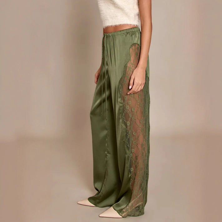 Fashionable Solid Color Sexy Satin Lace Loose Floor Length Pants