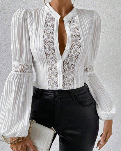 Women's Solid-Color Stand-Collar Shirt With Lace Panels Puff Sleeves