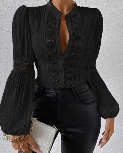 Women's Solid-Color Stand-Collar Shirt With Lace Panels Puff Sleeves