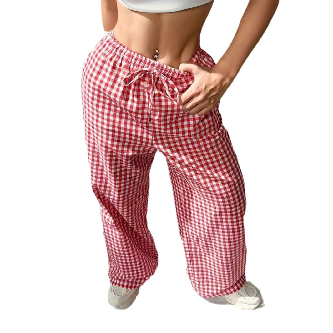 Women's Loose-fit Plaid Lace-up Casual Trousers
