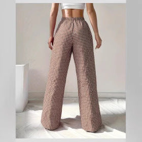 Women's Loose-fit Plaid Lace-up Casual Trousers