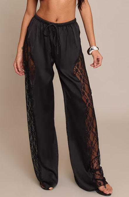 Fashionable Solid Color Sexy Satin Lace Loose Floor Length Pants