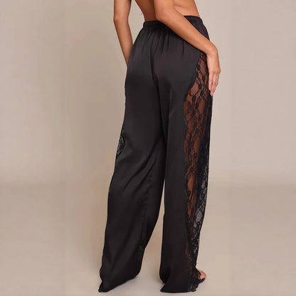 Fashionable Solid Color Sexy Satin Lace Loose Floor Length Pants