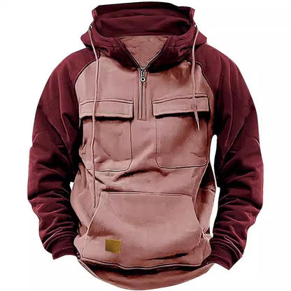 Fall Winter Retro Cargo Hoodies Men's Half Zipper