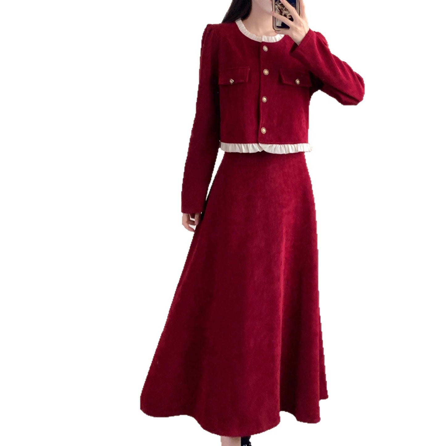 Small Corduroy Skirt Two-piece Set For Women
