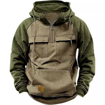 Fall Winter Retro Cargo Hoodies Men's Half Zipper