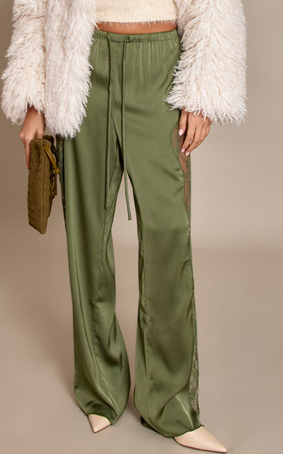 Fashionable Solid Color Sexy Satin Lace Loose Floor Length Pants